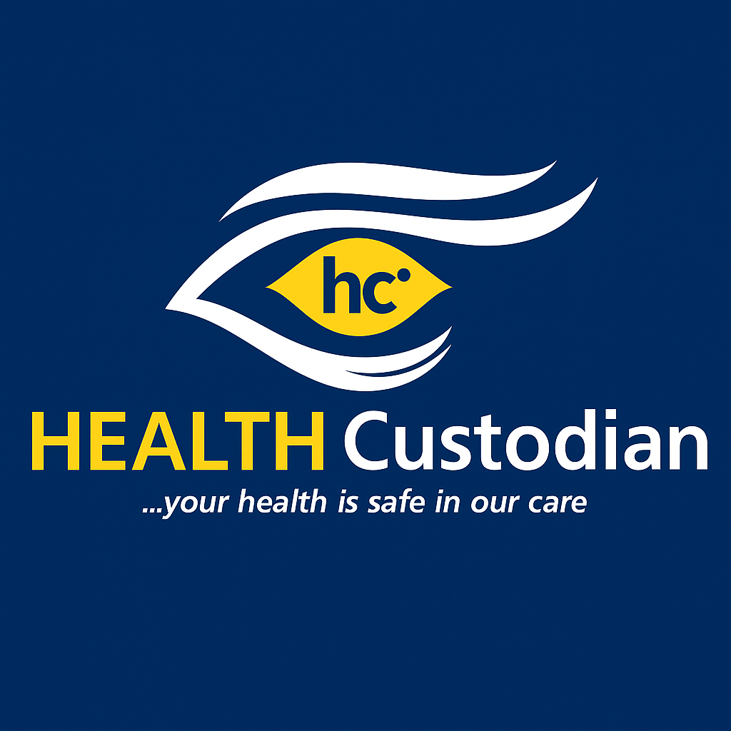 Logo for "Health Custodian" featuring a stylized eye design on a dark blue background. The eye is formed with smooth white lines, enclosing a yellow eye shape containing the letters "hc" in blue. Below the graphic, the text reads "HEALTH Custodian" with "HEALTH" in yellow and "Custodian" in white. The tagline "...your health is safe in our care" appears in white italics beneath the company name.